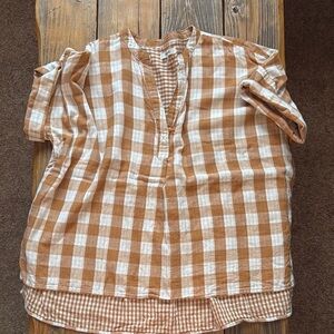Madewell Tan and White Checkered Blouse Size L